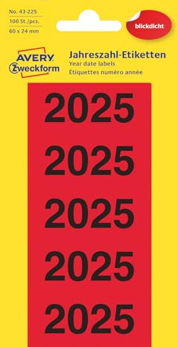 AVERY Zweckform 43-225 Jahreszahlen Aufkleber 2025 selbstklebend (60x24 mm, 100 Jahreszahl-Etiketten mit Aufdruck 2025, ideal für Ordner, absolut blickdicht, permanent haftend) 20 Bogen, rot