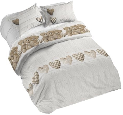 PENSIERI DELICATI Parure Copripiumino Matrimoniale 100% Cotone, Completo di Sacco 250x200cm e 2 Federe 52x82cm, Made in Italy, Copripiumino Lavabile In Lavatrice A 40°, Fantasia Orsetti Beige
