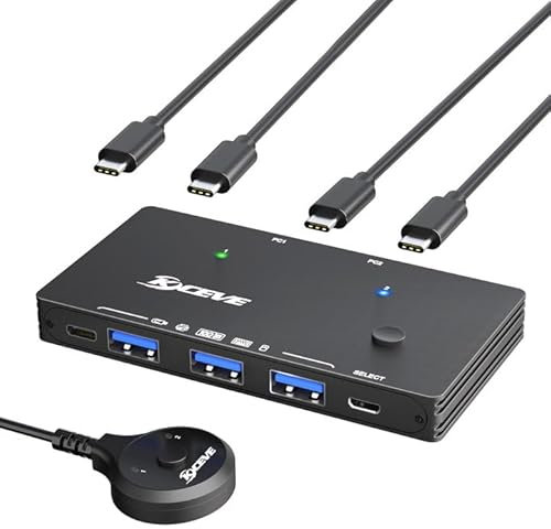 KCEVE USB 3.2 Switch Für 2 Laptops - 10 Gbps 2 Eingänge 4 Ausgänge Umschalter Für 2 PC, 4 USB-Geräte Gemeinsam Nutzen, Drucker, Scanner, Maus, Tastatur, Mit 2 USB C-Kabeln