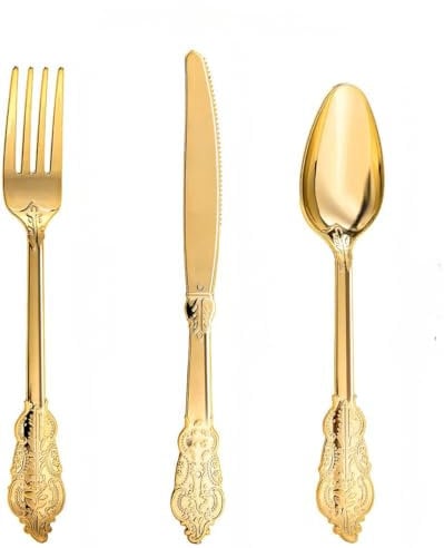 30 Pieces Vintage Style Plastic Cutlery Set, Reusable Party Tableware for Family Celebrations, Dinner - 10 Knives, Forks, Spoons Each (Gold)