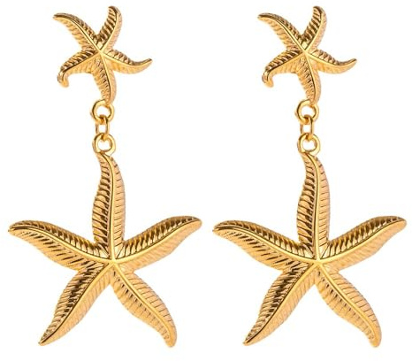 18k Gold Plated Stainless Steel Starfish Statement Gold Silver Earrings,Waterproof, Hypoallergenic, Trending Star Fish Tarnish Free Jewellery for Women, Great affordable Gift for Her.