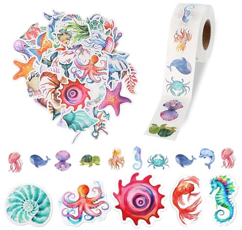 KATIMI 550 Stück Aufkleber Meerestiere Sticker Set, Selbstklebend Ozean Fisch Aufkleber, Wasserfest Unterwasser Meerestier Aufkleber für Auto Laptop Motorrad Skateboard Fahrrad