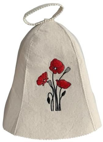 GMMH® Saunahut aus Wollfilz, Saunamütze für Damen, Blumen Muster und Design, Filz Kopfschutz Saunakappe Filzkappe Mütze Filzhut Hut Kappe für Sauna, Banya, Finnische Sauna (Mohn 501-150)
