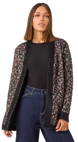 Roman Originals Women Fluffy Cardigan Ladies Winter Cardi Longline Edge to Edge Ombre Coatigan Casual Sparkly Glittery Jacket Knitwear Knitted Autumn Fleecy Cosy Soft Coats - Black Pink - Size 18