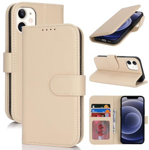 Zouzt Hülle für iPhone 12 Mini 5,4-Zoll, Stoßfestes PU Leder Handyhülle Lederhülle Klapphülle mit Kartenhalter und Standfunktion Flip Leather Wallet Phone Cover (Beige)