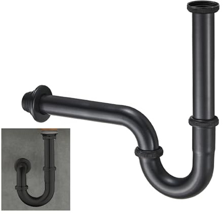 KEOKBON Bottle Trap Flat, G1 1/4 Brass Basin Waste Bottle Trap Set Height Adjustable P Trap Waste Odour Traps Plumbing Drain Pop-up Drain, Black