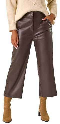 Roman Originals Faux Leather Wide Leg Crop Trousers for Women UK - Ladies Everyday Autumn Winter Comfy Soft Evening Vacation Work Party Night Out