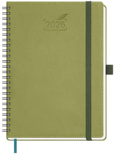 BEZEND Kalender 2026 Buchkalender A5 Ringbuch 1 Woche 2 Seiten | Terminplaner 2026 Wochenplaner mit 100 g/m² Papier & Monats-Register | Planer & Terminkalender mit PU-Leder Softcover - Kiwi