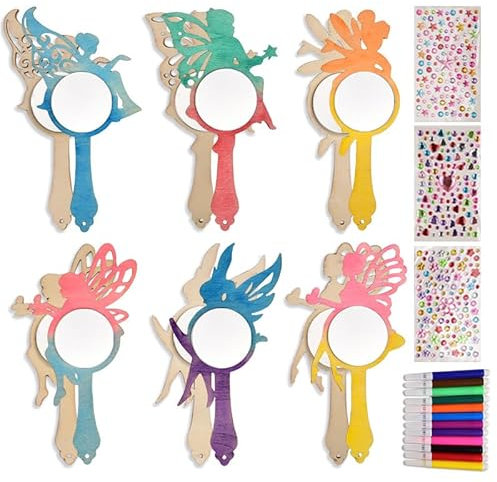 12 Stück Kindergeburtstag Holzspiegel für Kinder, Fee Basteln, DIY Holz Bastelset Geburtstagsdeko, Handgemachter Spiegel Unvollendeter handgemalter Spiegel, Geschenk für EIN Mädchen