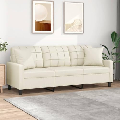 Brokky 3-Sitzer-Sofa mit Zierkissen Creme 180 cm Kunstlederer Bequemes 2-Sitzer Sofa für Wohnzimmer, Schlafzimmer