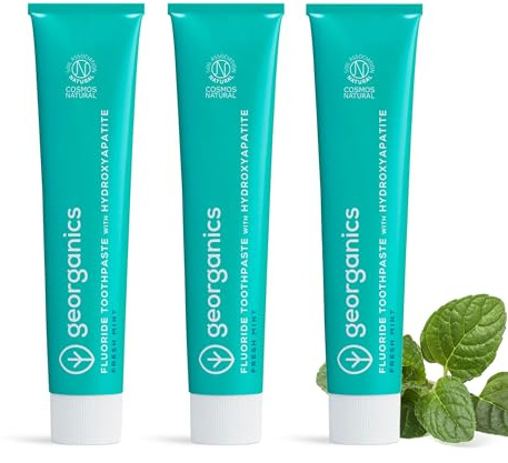 Georganics Fluoride Toothpaste - Hydroxyapatite - 75ml x3 Pack - Fresh Mint | 100% Natural & Sustainable - Superior Protection - Prevent Cavities & Tooth Decay - Fight Plaque - for Fresh Breath