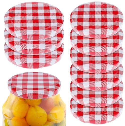 ABOOFAN 12Pcs Red Mason Jar Lids Wide Mouth Canning Lids for Jars Tightly Sealed Vibrant Plaid Design Dishwasher Safe for Kitchen Storage Food Preservation