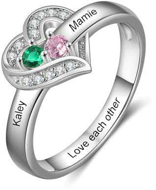 kaululu Personalisierter Damen 925 Silber Ring mit Namen Herzring mit Geburtsstein für Mama, Oma, Ehefrau Geschenk zum Muttertag, Weihnachten, Valentinstag