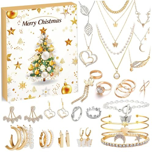 Adventskalender, Armband, Schmuck, Adventskalender 2025, 24 Tage, Gold und Silber, inklusive Ohrringen, Halsketten und mehr, Weihnachts-Countdown für Kinder Erwachsene