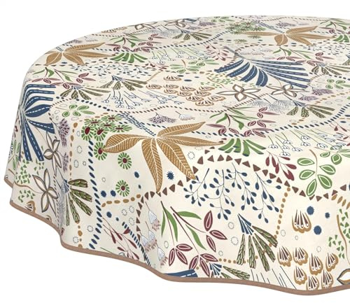 Wachstuchtischdecke Tischdecke abwaschbar Wachstischdecke pflegeleicht wasserabweisend Lotuseffekt Gartentischdecke Ethno Rund 140 cm mit Saum (Eingefasst)