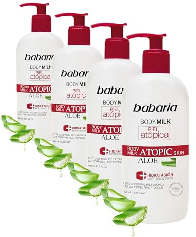 Babaria - Body Milk Para Pieles Atópicas | Con Aloe Vera Pantenol Y Vitamina E | Crema Hidratante Corporal | 400 Mililitros | Crema Piel Atopica | 100% Vegano (Paquete de 4)