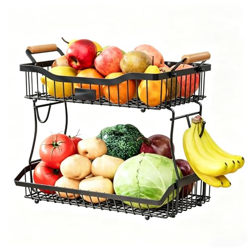 JOUING Cesta de Frutas de 2 Niveles Fruteros de Cocina con Ganchos de Plátano Verdulero Cocina de Metal de 2 Pisos Cesta para Verduras,Bocadillos y Pan (Negro, 2 Niveles)