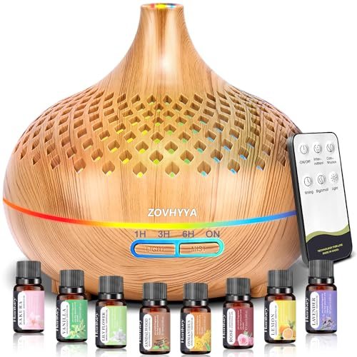 ZOVHYYA Difusor de Aceites Esenciales 500ml con Mando y 8 Aceites | 14 Luces LED, 4 Temporizadores, Niebla Ajustable, Apagado sin Agua, Mando, para Dormitorio, Salón, Oficina y Yoga