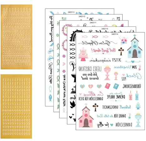 JOVYTH 5 Blatt Kerzen Tattoos + 2 Bogen Gold Buchstaben Sticker – selbstklebende Wachsbuchstaben, kerzentattoos für Taufkerze, Kommunion, Konfirmation, Geburtstag, DIY