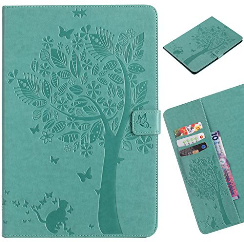 LEMORRY para Apple iPad Mini 1 2 3 Funda Estuches Pluma Repujado Cuero Flip Billetera Piel Protector Magnética TPU Silicona Carcasa Tapa para iPad Mini, mini2, mini3, Árbol Suerte (Verde)