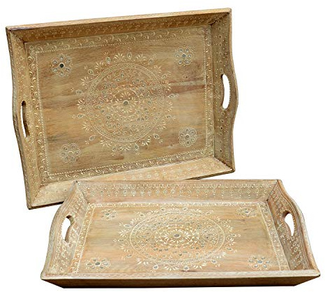 Casa Moro 2 handbemalte Serviertabletts Parvin im 2er Set aus Mangoholz | orientalische Tabletts Servierplatten Betttisch Betttablett Küchen-Tablet Gastro-Tablett Serviertabletts | RK18