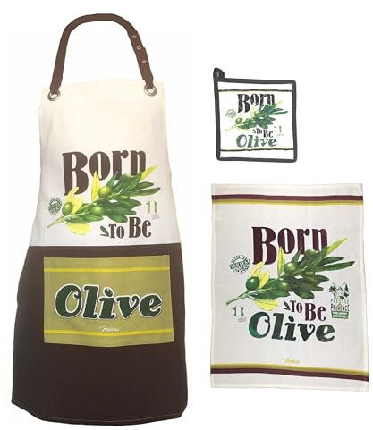 3-teiliges Küchenschürzen Set aus 100% Baumwolle, Küchenschürze, Topflappen & großes Küchentuch mit „Born To Be Olive“ Druck
