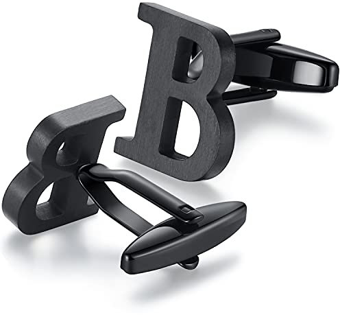 HONEY BEAR 1 Paar Herren Edelstahl Manschettenknöpfe Hochzeit Cufflinks Manschettenknopf Silber Buchstabe,MEHRWEG (B-schwarz)