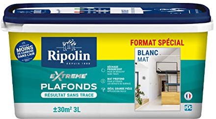 RIPOLIN - Peinture pour Plafonds Extrême - Pour Grandes Pièces - Résultat Sans Trace - Blanc Mat - 3 Litres