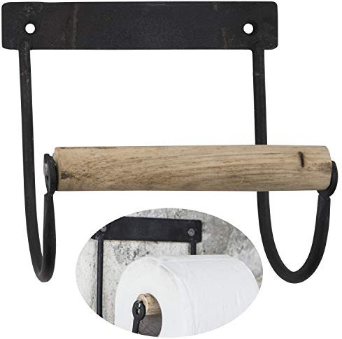 LS-LebenStil Vintage Metall Toilettenpapierhalter Schwarz 14cm Altum Rollenhalter mit Holzrolle zur Wandmontage WC Papier Halterung Klopapierhalter für Badezimmer Gäste WC