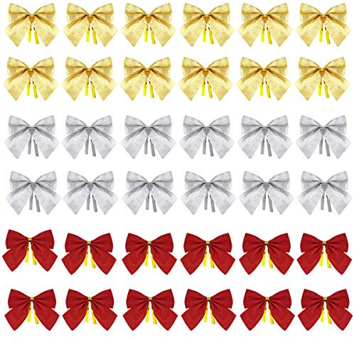 NATUCE 36 Piezas Lazo de Árbol de Navidad, Decoración de Regalo, Adornos de Cinta Colgante para Navidad, Plata Rojo Dorado