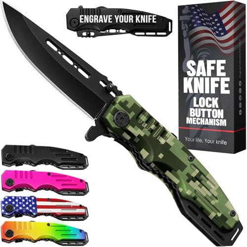 Grand Way 6681 N Couteau de poche pliant avec ressort de style militaire couteau tactique idéal pour le camping, la chasse, la survie, les activités intérieures et extérieures, cadeau pour homme