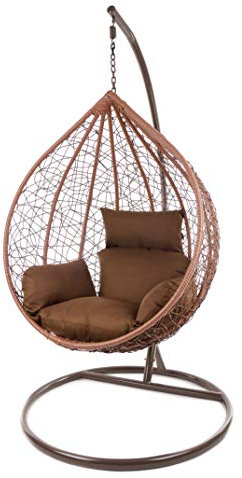 KIDEO Komplettset: großer Hängesessel mit Gestell & Kissen, Korbsessel, Poly-Rattan (Korb & Gestell: braun, Kissen: Dunkelbraun Nest (7790 Chocolate))