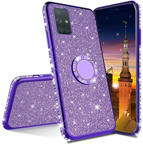 MRSTER Glitzer Hülle Kompatibel mit Huawei Y5p Glitzer Handyhülle Bling Glänzend Strass Diamant Schutzhülle mit 360 Grad Ring Ständer für Huawei Y5p. GS TPU Purple