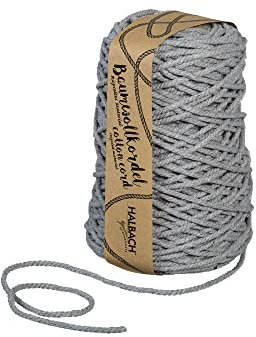 Halbach Seidenbänder recycelte Baumwollkordel | Breite 5mm Länge 80 Meter | Nachhaltiges Baumwollgarn für Makramee oder DIY Handwerk | Farbe: grau
