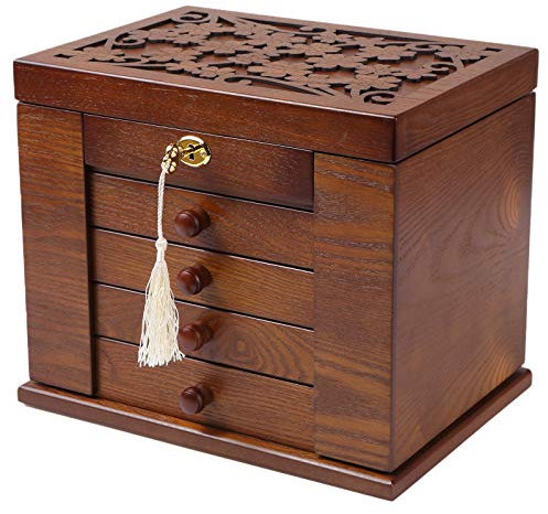 Changsuo Schmuckkästchen aus Holz für Frauen, Organizer-Box aus Massivholz mit Kombischloss für Schmuck, Uhren, Halsketten, Ring, Aufbewahrungsbox (dunkelbraun)