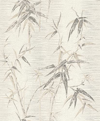 Rasch Papier peint intissé 507539 - Avec feuilles de bambou et rayures - Crème et gris - 10,05 x 0,53 m (L x l)