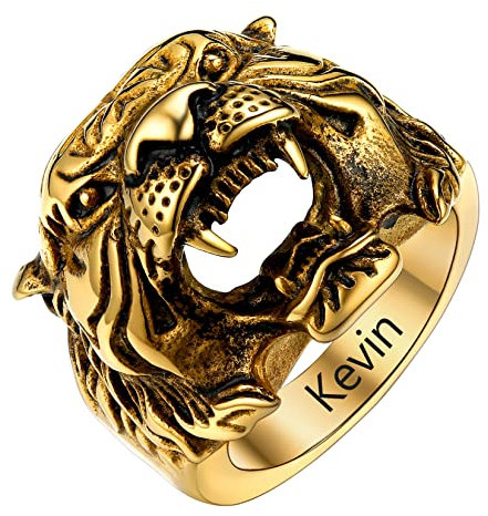 U7 Herren 18k vergoldet personalisiert Tigerskopf Siegelring Tribal Tiger Großer Ring Vintage Stil Hip Hop Biker Tribal Statement Ring Männer Modeschmuck Accessoire(Ring Größe 59)