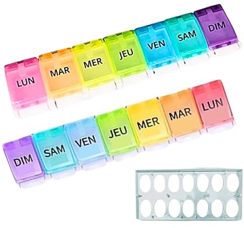 Pilulier Semainier FRANCAIS Matin et Soir | 2 x 7 jours + Socle | Boîte à Medicament Pour chaque jour de semaine | Grande capacité | Ouverture facile | Ideal Voyage | Couleur Arc-en-ciel | Sans BPA