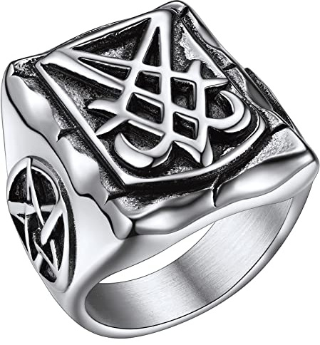 FaithHeart Edelstahl Herren Männer Bandring Satanic Lucifer Pentagramm Fingerring Satanic Luzifer Bandring Punk Siegelring Biker Bandring für Weihnachten Geburtstag