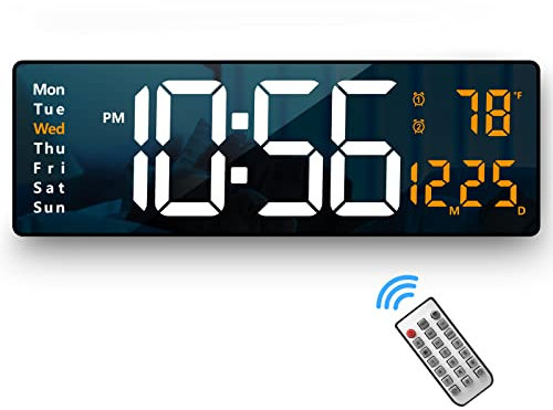 Reloj digital de pared con pantalla grande, 16.2 pulgadas, reloj digital LED con mando a distancia para decoración de sala de estar, regulador automático de brillo con fecha y temperatura (naranja)