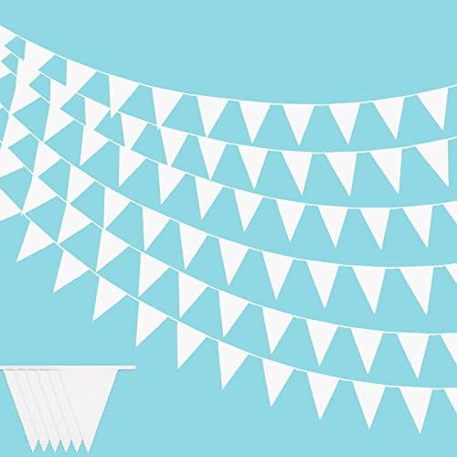 Booaee 12M Stoff Weiß Wimpelkette, Wimpel Girlande, Banner mit 50 Stück Weiß Wimpel, Outdoor Dekoration, für Hochzeit Party Geburtstag