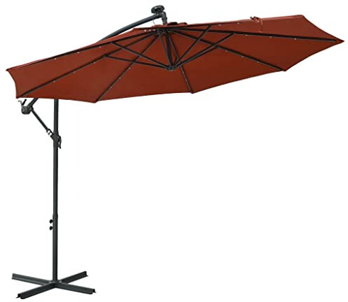 vidaXL Terracotta Cantilever Umbrella with Solar-Powered LED Lights and Sturdy Steel Pole - UV Protective and Anti-Fade Polyester Cover, Adjustable Tilt, Crank Mechanism
