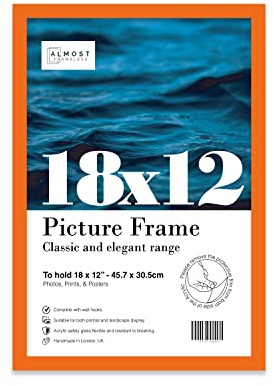 Almost Frameless 18x12 Orange Picture Frame 18x12(45.7x30.5cm) Poster, Photo, Artwork, or Print. Thin Edge Slim Frame Portrait and Landscape Display with Wall Hooks