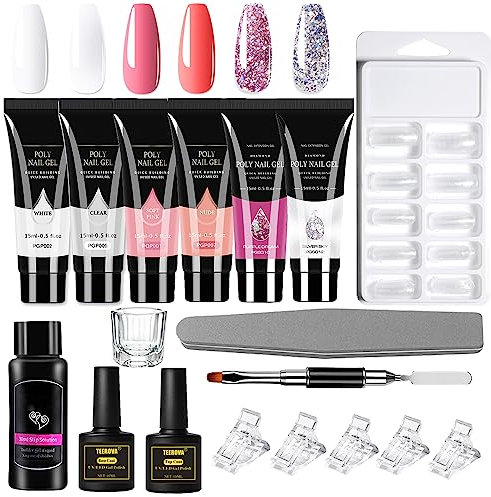 TEEROVA Poly Gel Nail Kit, 6 Colors Nail Extension Gel with Slip Solution Basic Manicure Tools, Builder Nail Gel Nail Enhancement Starter Kit (Set B)