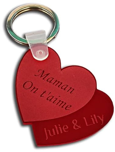 Porte-clés Coeurs Double avec Votre texte personnalisé, Gravure au laser, Rouge (6 coloris disponibles)