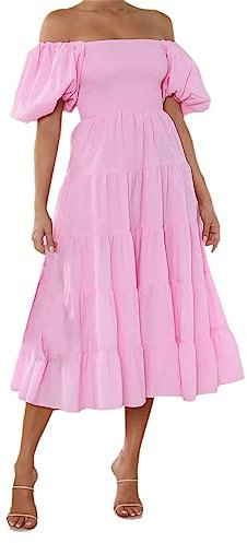 Katpost Robe d'été pour femme - Manches bouffantes - Col carré - Robe midi évasée et fluide - Taille haute - Taille haute - Style rétro - Robe d'été vintage - Robe longue, 03 - Rose, S