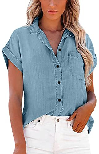 Womens Short Sleeve Denim Shirts with Pockets Button Down Chambray Jean Western Shirts Summer Loose Casual Solid Collared Tops Blouse