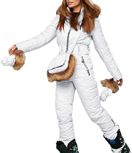 IQYU Trajes de esquí para mujer Traje de nieve de una pieza con capucha guantes bolsos mono de esquí invierno nieve conjuntos de esquí al aire libre mono mono trajes de esquí impermeable chaqueta de
