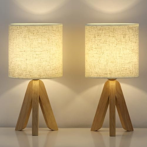 LIANTRAL Nachttischlampen 2er-Set, Moderne Kleine Tischlampe, Stativ Tischlampe mit Leinen Lampenschirm und Holzrahmen, E27 Tischleuchte Schreibtischlampe für Schlafzimmer, Wohnzimmer, Schlafsaal