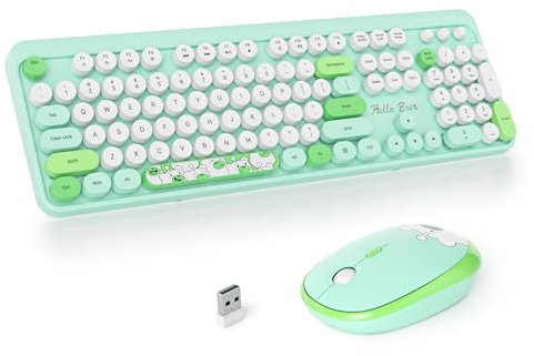 SOLIDEE Wireless Keyboard and Mouse Combo,Retro Typewriter Keyboard,2.4GHz Colorful Round Keycap Computer Keyboard with Number Pad,104 Keys Full Size Ergonomic Keyboard(US Layout QWERTY)(Bear Green)